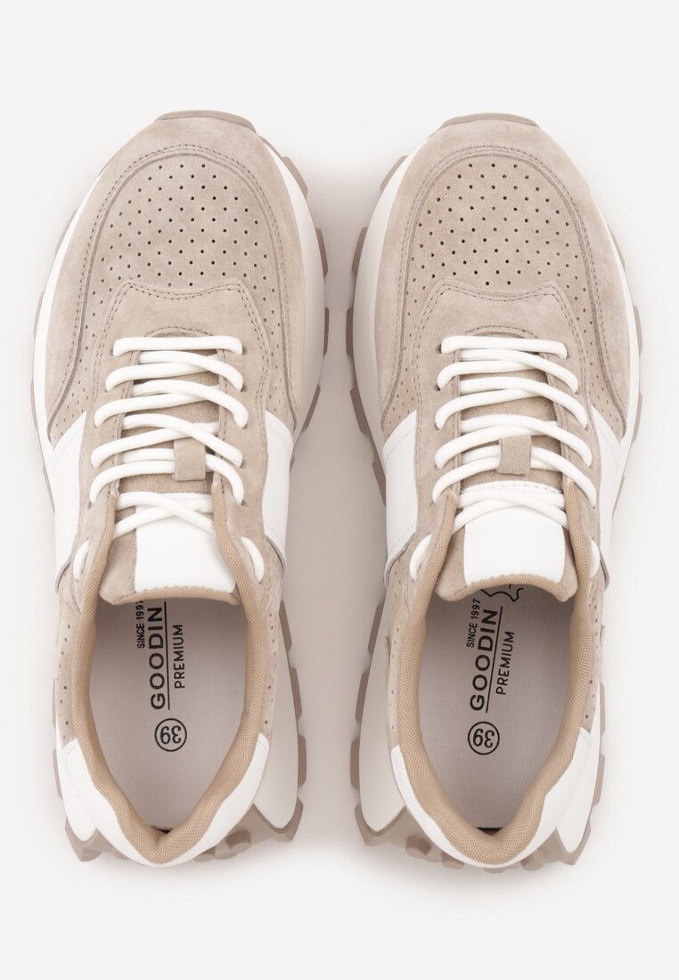Beżowe Zamszowe Sneakersy na Podeszwie Chunky z Perforowaną Cholewką Cezarlina