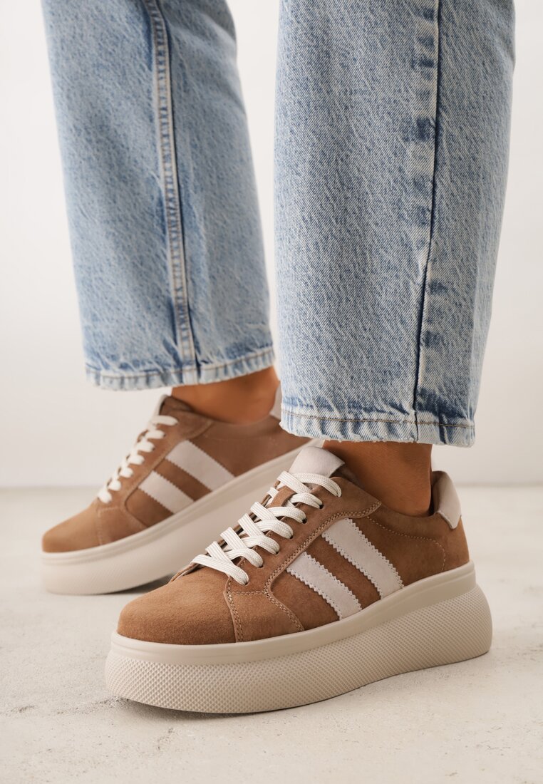 Brązowe Zamszowe Sneakersy Chunky na Platformie Teslara