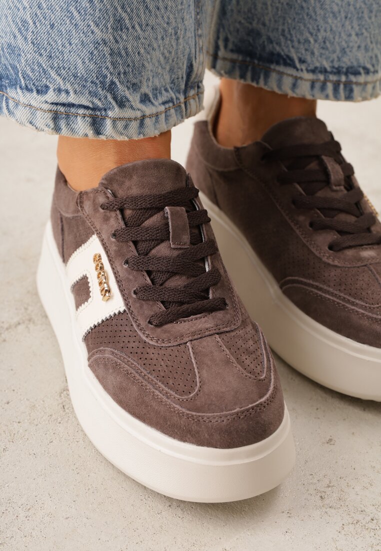 Brązowe Perforowane Sneakersy Chunky ze Skóry Naturalnej na Platformie Silvanatea