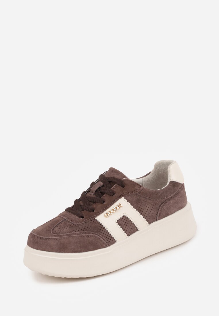 Brązowe Perforowane Sneakersy Chunky ze Skóry Naturalnej na Platformie Silvanatea