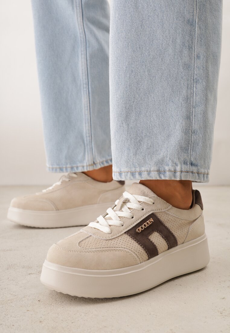 Beżowe Perforowane Sneakersy Chunky ze Skóry Naturalnej na Platformie Silvanatea