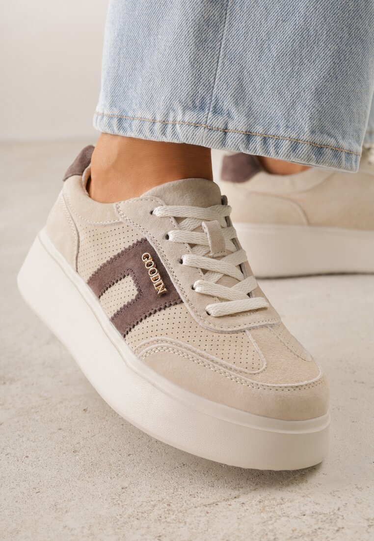 Beżowe Perforowane Sneakersy Chunky ze Skóry Naturalnej na Platformie Silvanatea