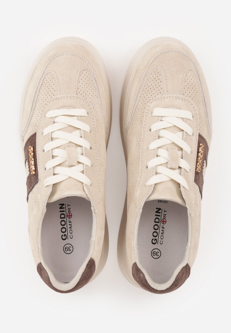 Beżowe Perforowane Sneakersy Chunky ze Skóry Naturalnej na Platformie Silvanatea