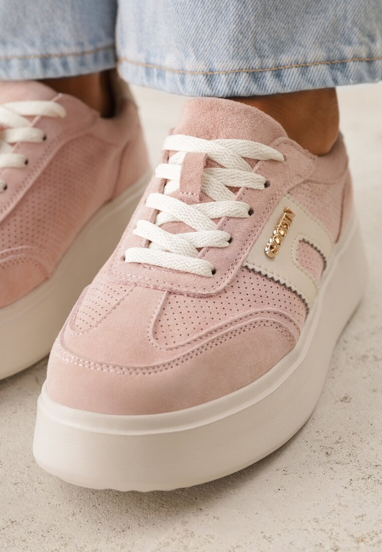 Różowe Perforowane Sneakersy Chunky ze Skóry Naturalnej na Platformie Silvanatea