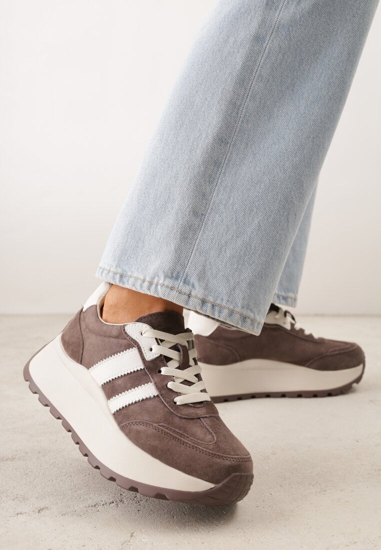 Brązowe Sneakersy ze Skóry Naturalnej na Platformie Cezella