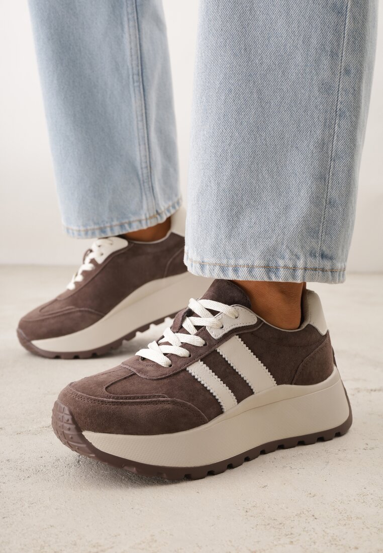 Brązowe Sneakersy ze Skóry Naturalnej na Platformie Cezella