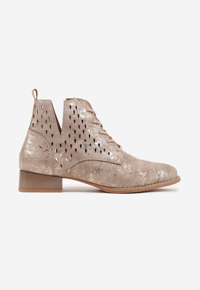 Jasnobrązowe Botki ze Skórzaną Wkładką i Ażurowym Wzorem Nantiela