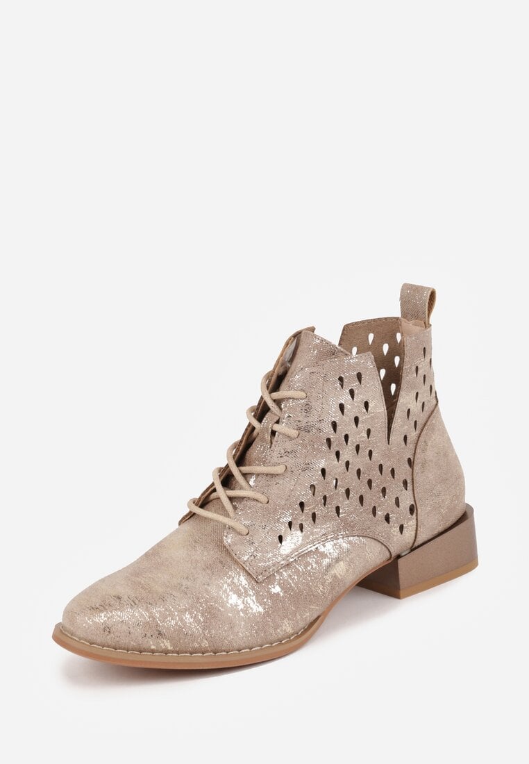 Jasnobrązowe Botki ze Skórzaną Wkładką i Ażurowym Wzorem Nantiela