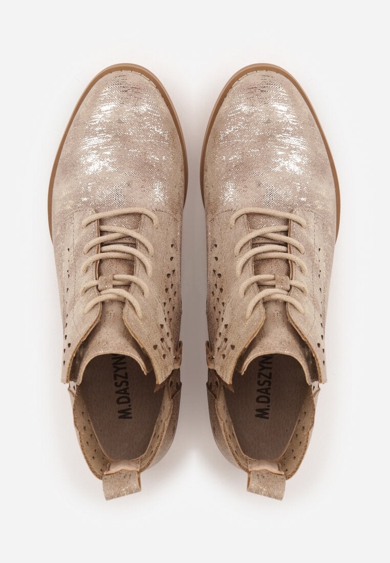 Jasnobrązowe Botki ze Skórzaną Wkładką i Ażurowym Wzorem Nantiela