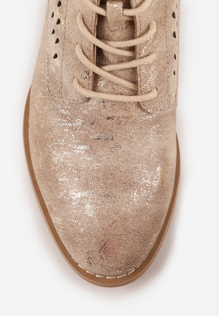 Jasnobrązowe Botki ze Skórzaną Wkładką i Ażurowym Wzorem Nantiela