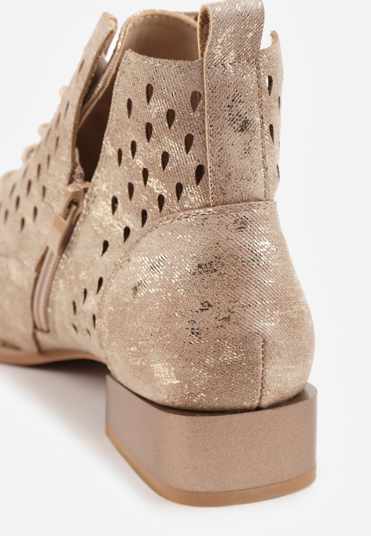 Jasnobrązowe Botki ze Skórzaną Wkładką i Ażurowym Wzorem Nantiela