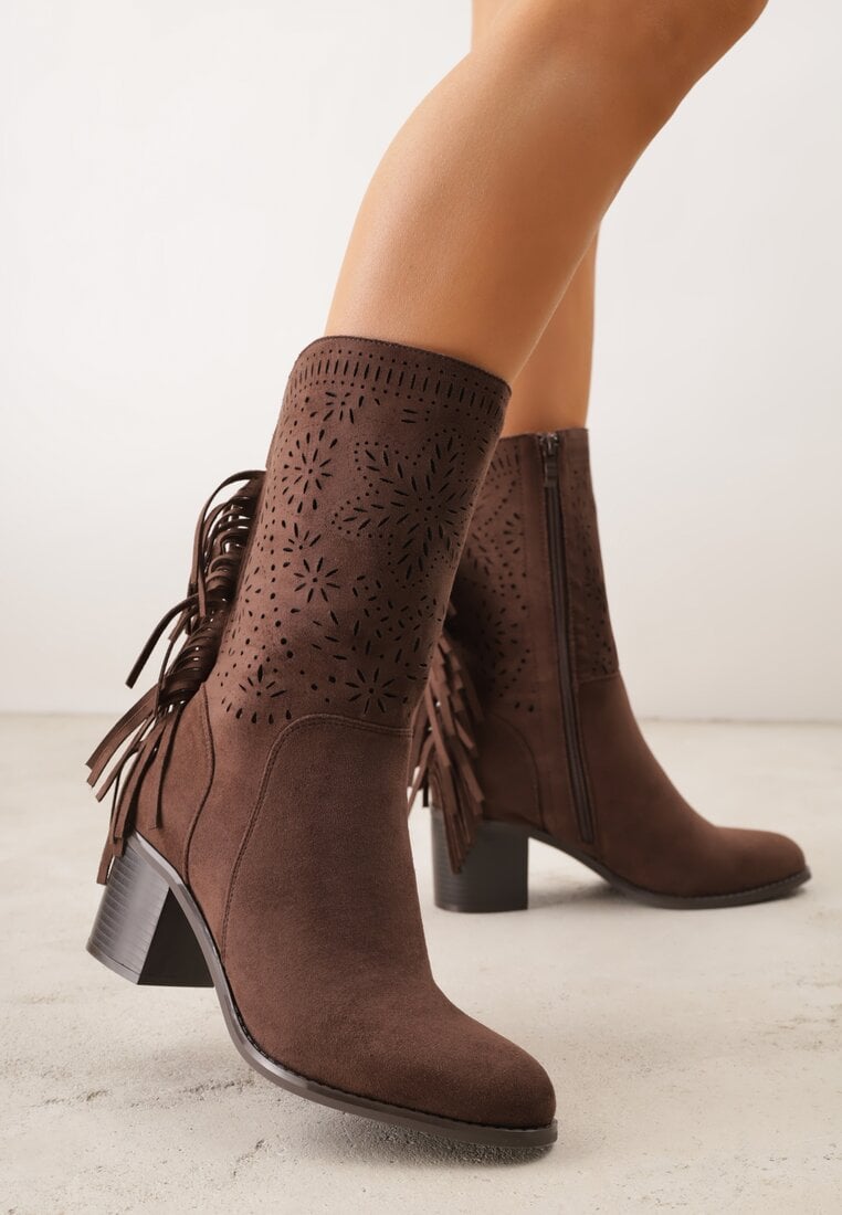 Ciemnobrązowe Botki Ażurowe Kowbojki z Wkładką ze Skóry Nauralnej i Frędzlami Cezive
