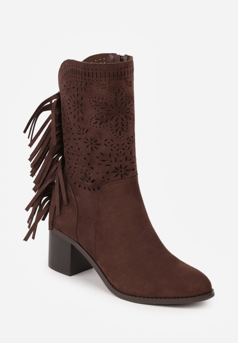 Ciemnobrązowe Botki Ażurowe Kowbojki z Wkładką ze Skóry Nauralnej i Frędzlami Cezive