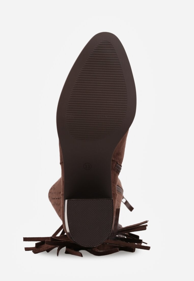 Ciemnobrązowe Botki Ażurowe Kowbojki z Wkładką ze Skóry Nauralnej i Frędzlami Cezive