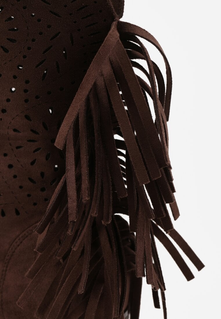 Ciemnobrązowe Botki Ażurowe Kowbojki z Wkładką ze Skóry Nauralnej i Frędzlami Cezive