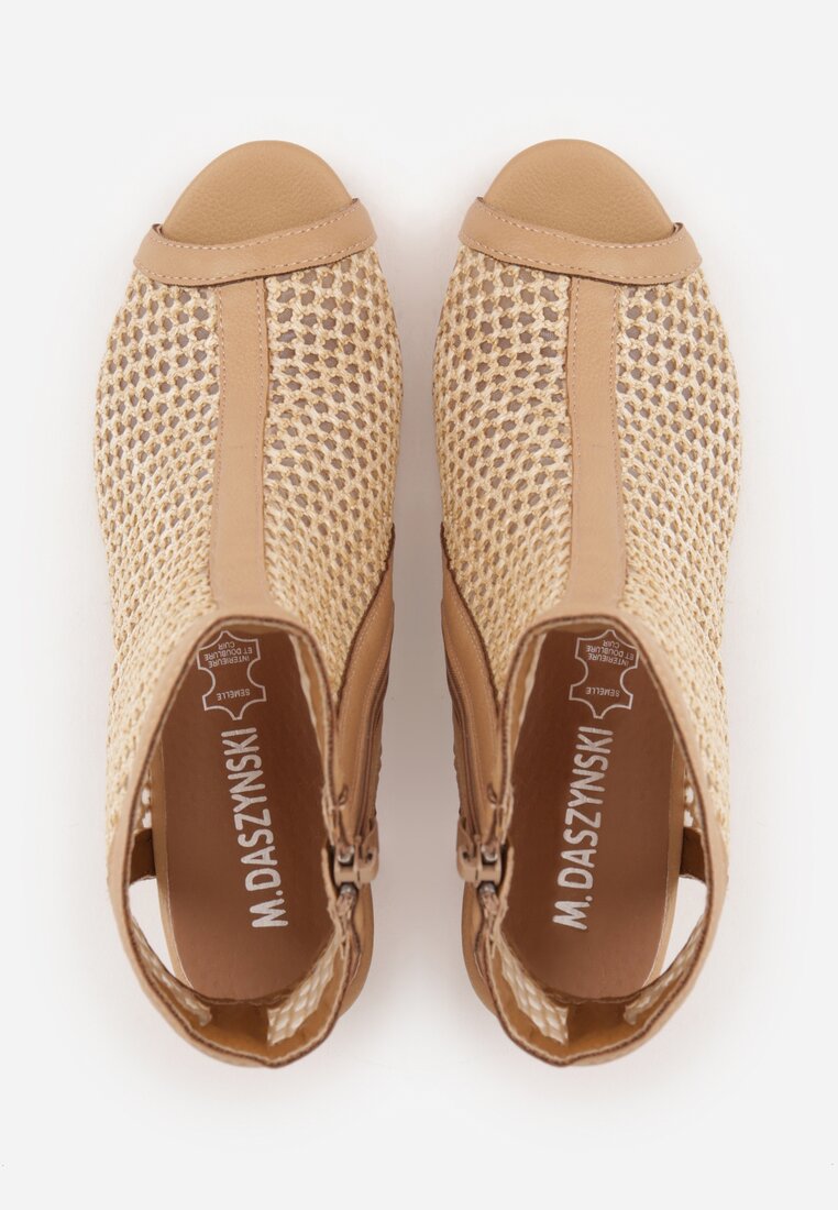 Beżowe Botki Peep Toe z Plecionki na Słupku ze Skórzaną Wkładką Alenika