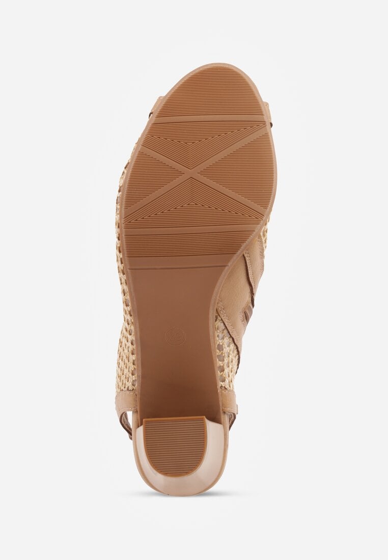 Beżowe Botki Peep Toe z Plecionki na Słupku ze Skórzaną Wkładką Alenika