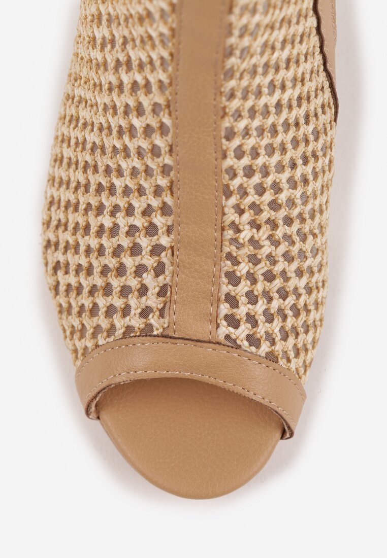 Beżowe Botki Peep Toe z Plecionki na Słupku ze Skórzaną Wkładką Alenika