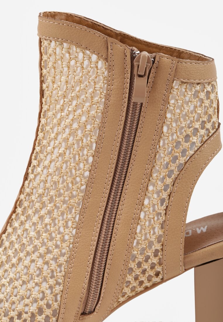 Beżowe Botki Peep Toe z Plecionki na Słupku ze Skórzaną Wkładką Alenika