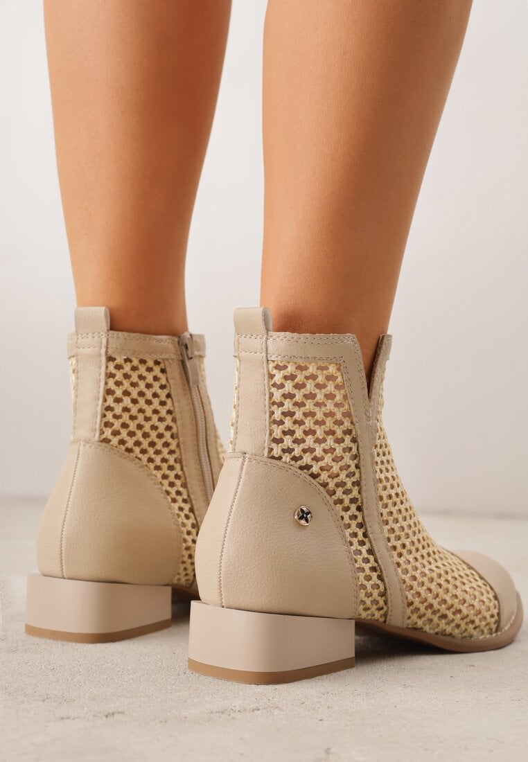 Beżowe Plecione Botki z Wkładką ze Skóry Naturalnej Nadelle