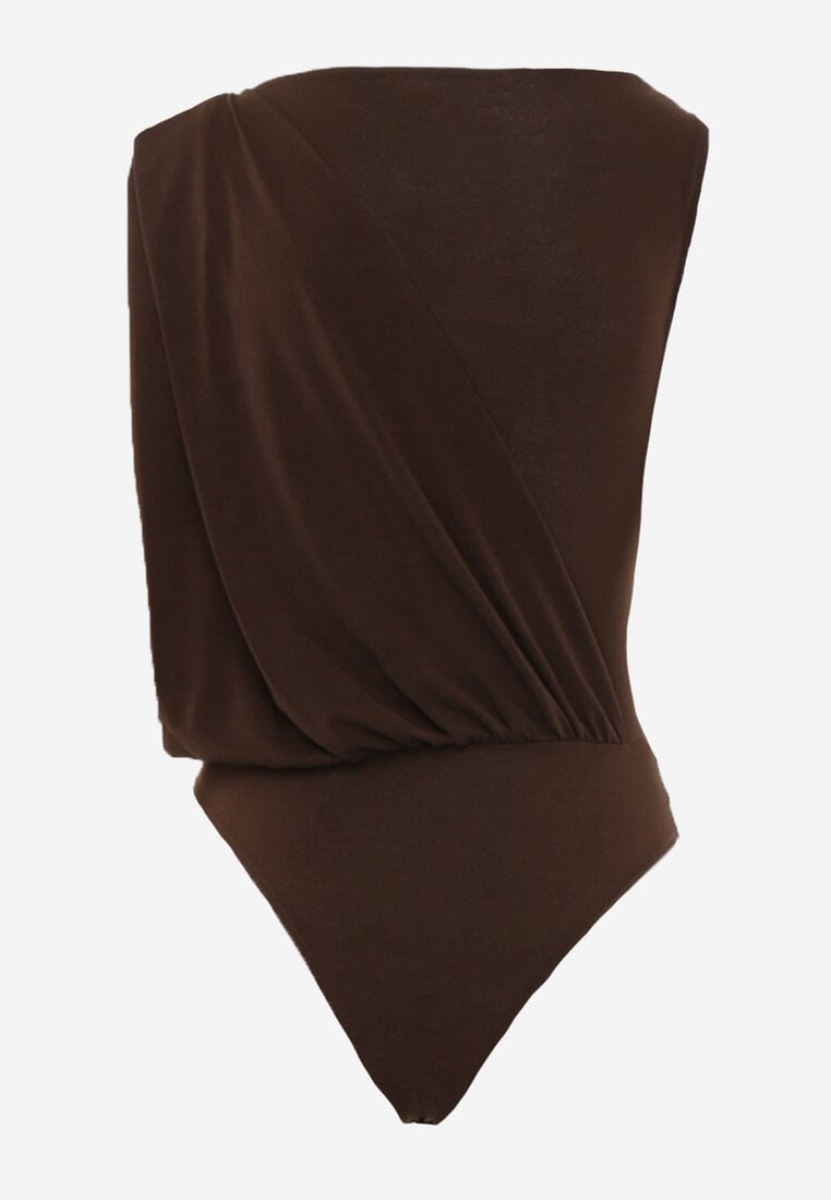 Brązowe Body z Dekoltem Łódka Zdobione Marszczeniem i Aplikacją na Ramieniu Havrina