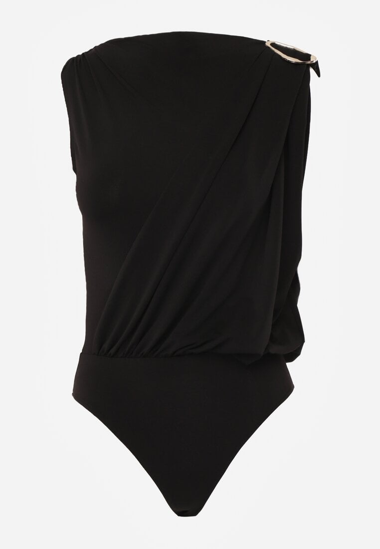 Czarne Body z Dekoltem Łódka Zdobione Marszczeniem i Aplikacją na Ramieniu Havrina