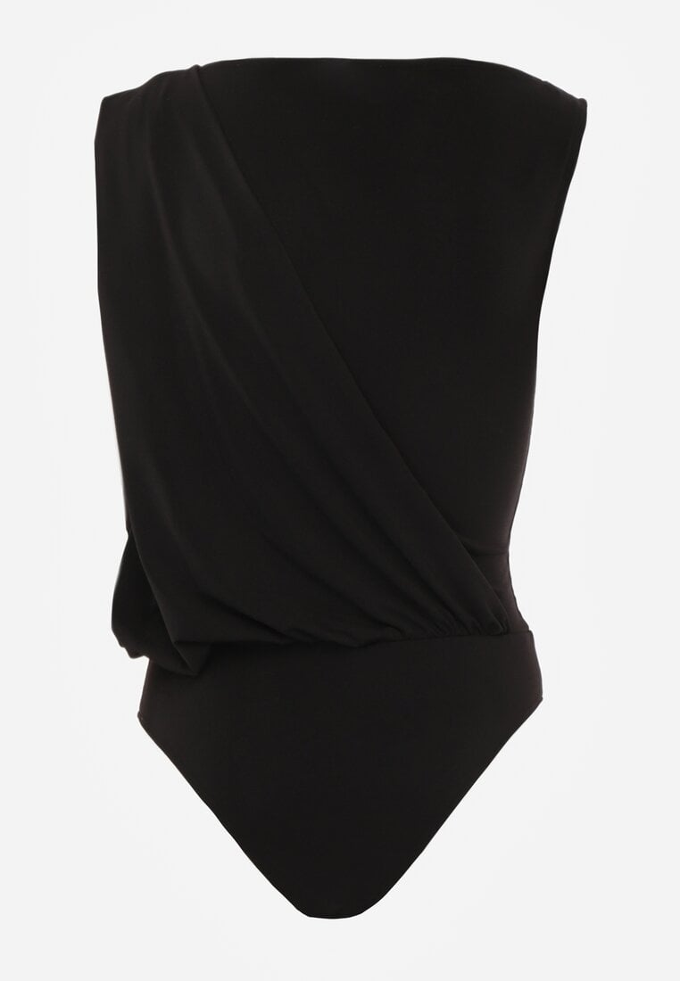 Czarne Body z Dekoltem Łódka Zdobione Marszczeniem i Aplikacją na Ramieniu Havrina