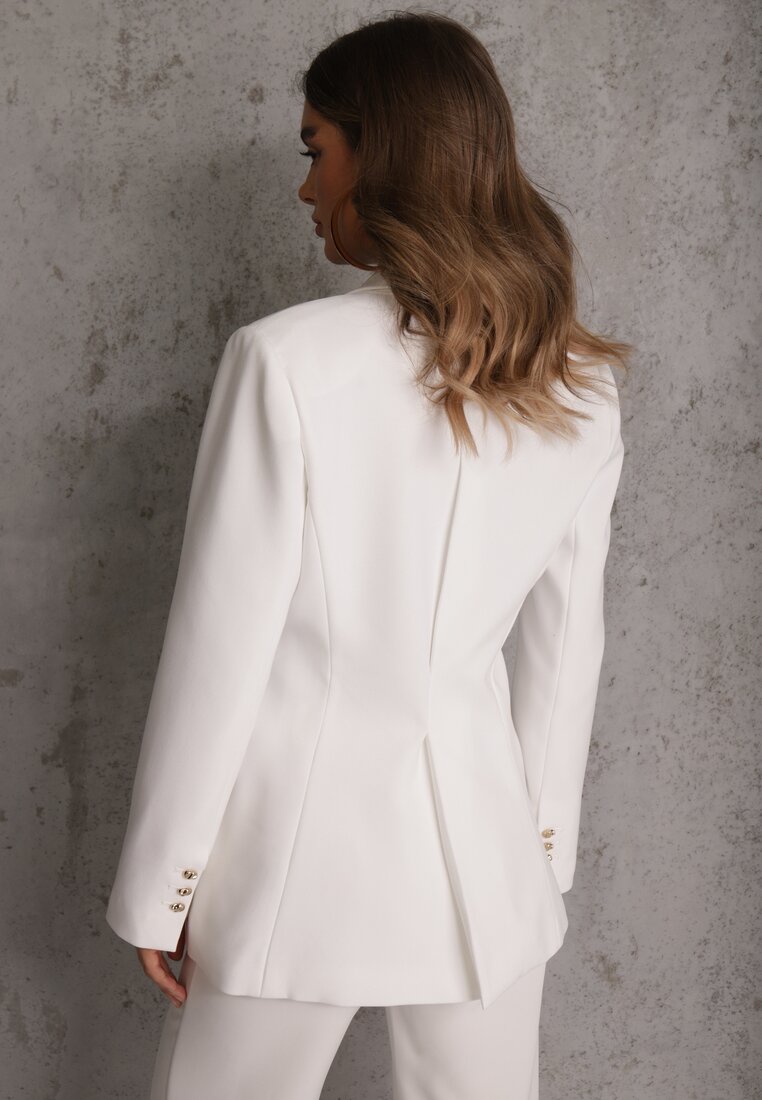 Biała Marszczona Marynarka Taliowana z Wiskozą z Ozdobą przy Wiązaniu Zynelle