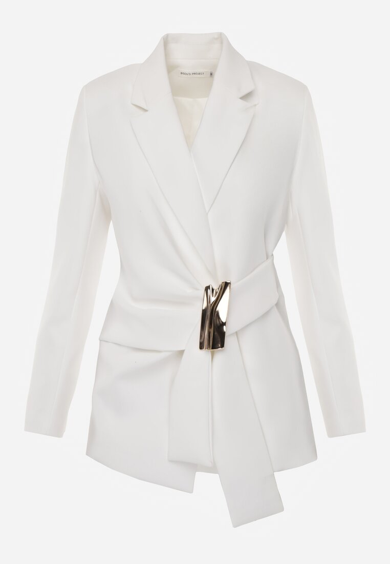 Biała Marszczona Marynarka Taliowana z Wiskozą z Ozdobą przy Wiązaniu Zynelle