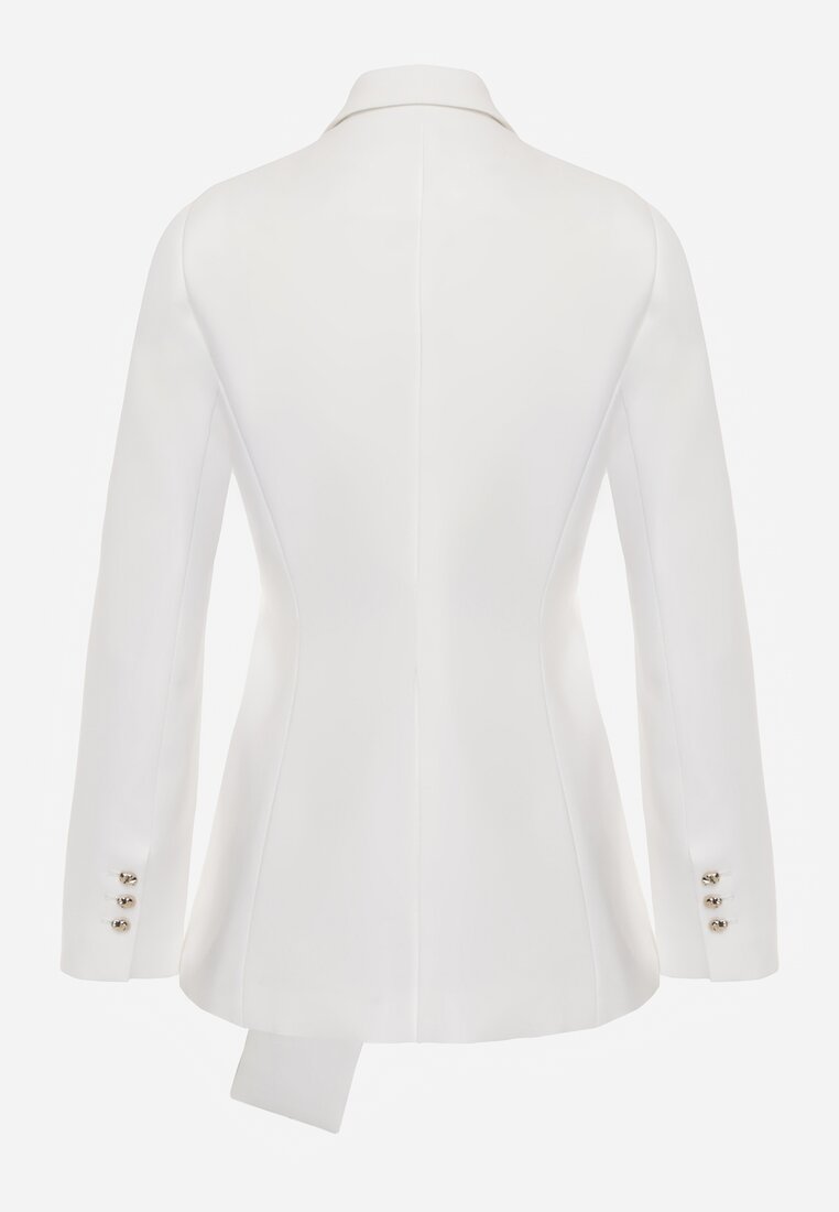 Biała Marszczona Marynarka Taliowana z Wiskozą z Ozdobą przy Wiązaniu Zynelle