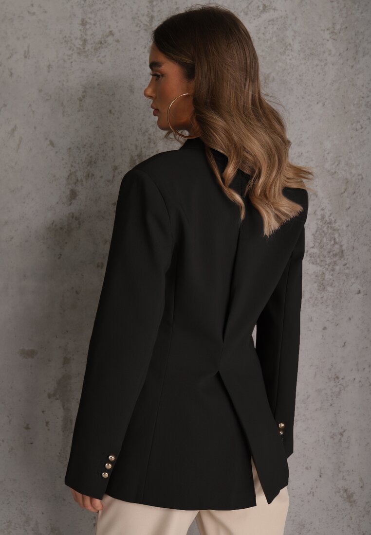 Czarna Marszczona Marynarka Taliowana z Wiskozą z Ozdobą przy Wiązaniu Zynelle