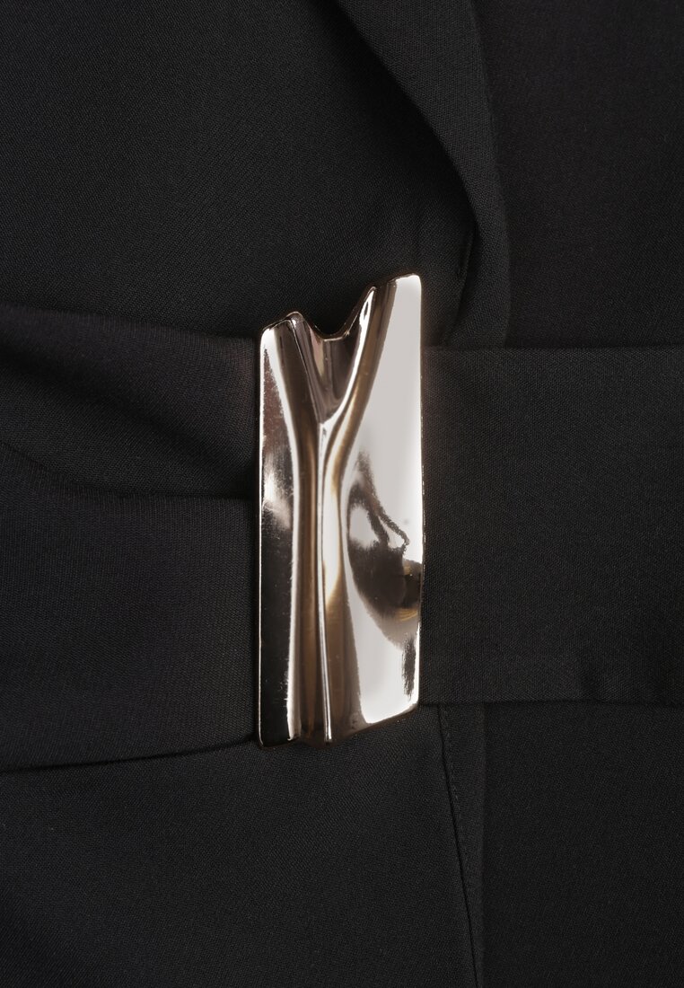 Czarna Marszczona Marynarka Taliowana z Wiskozą z Ozdobą przy Wiązaniu Zynelle