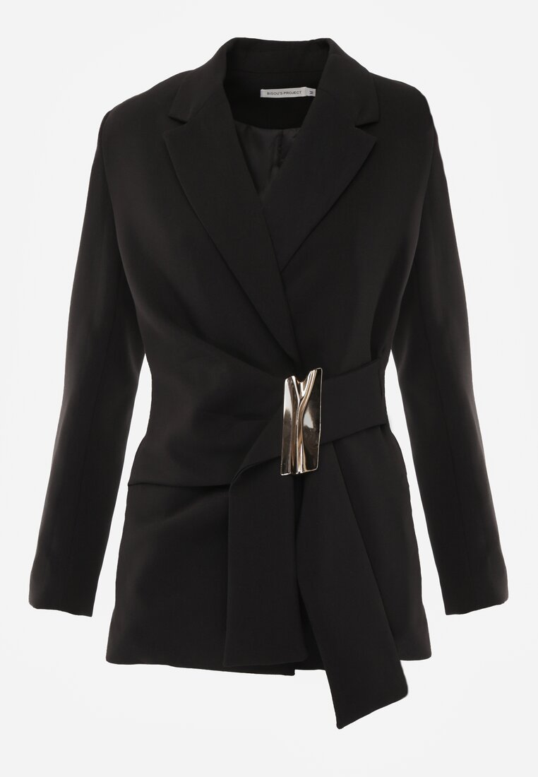 Czarna Marszczona Marynarka Taliowana z Wiskozą z Ozdobą przy Wiązaniu Zynelle