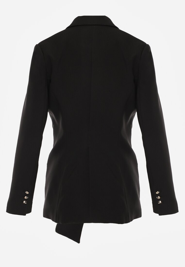 Czarna Marszczona Marynarka Taliowana z Wiskozą z Ozdobą przy Wiązaniu Zynelle