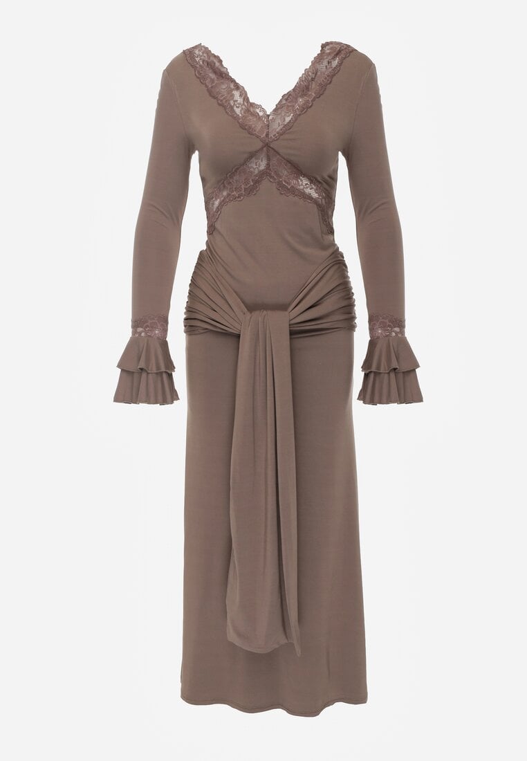 Brązowa Wiskozowa Sukienka Wieczorowa z Falbanami Koronką i Wiązanym Trenem Lenivna