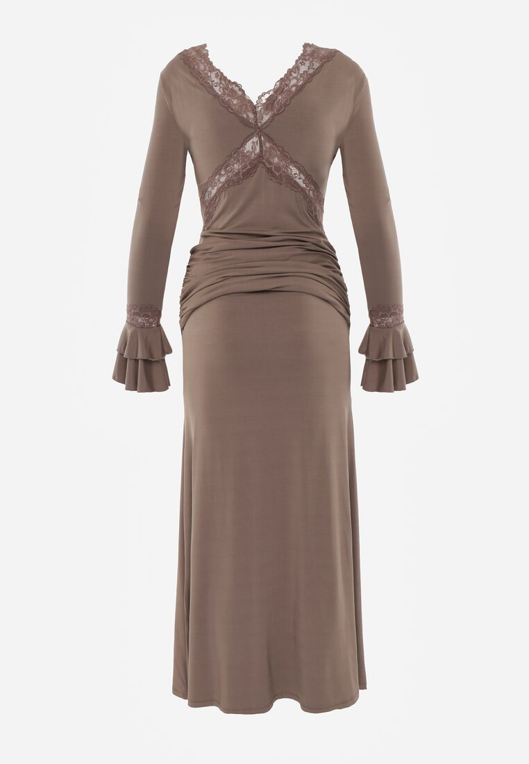 Brązowa Wiskozowa Sukienka Wieczorowa z Falbanami Koronką i Wiązanym Trenem Lenivna