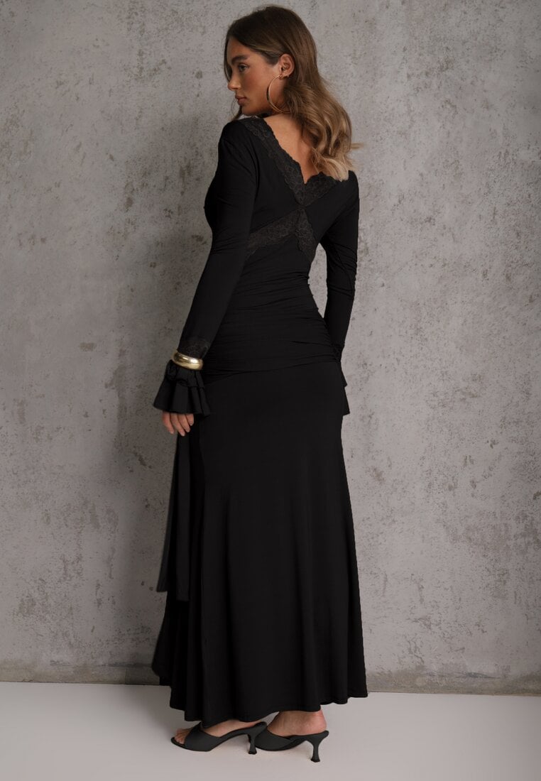 Czarna Wiskozowa Sukienka Wieczorowa z Falbanami Koronką i Wiązanym Trenem Lenivna