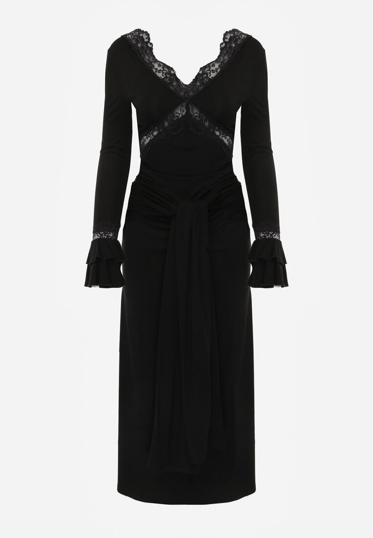 Czarna Wiskozowa Sukienka Wieczorowa z Falbanami Koronką i Wiązanym Trenem Lenivna