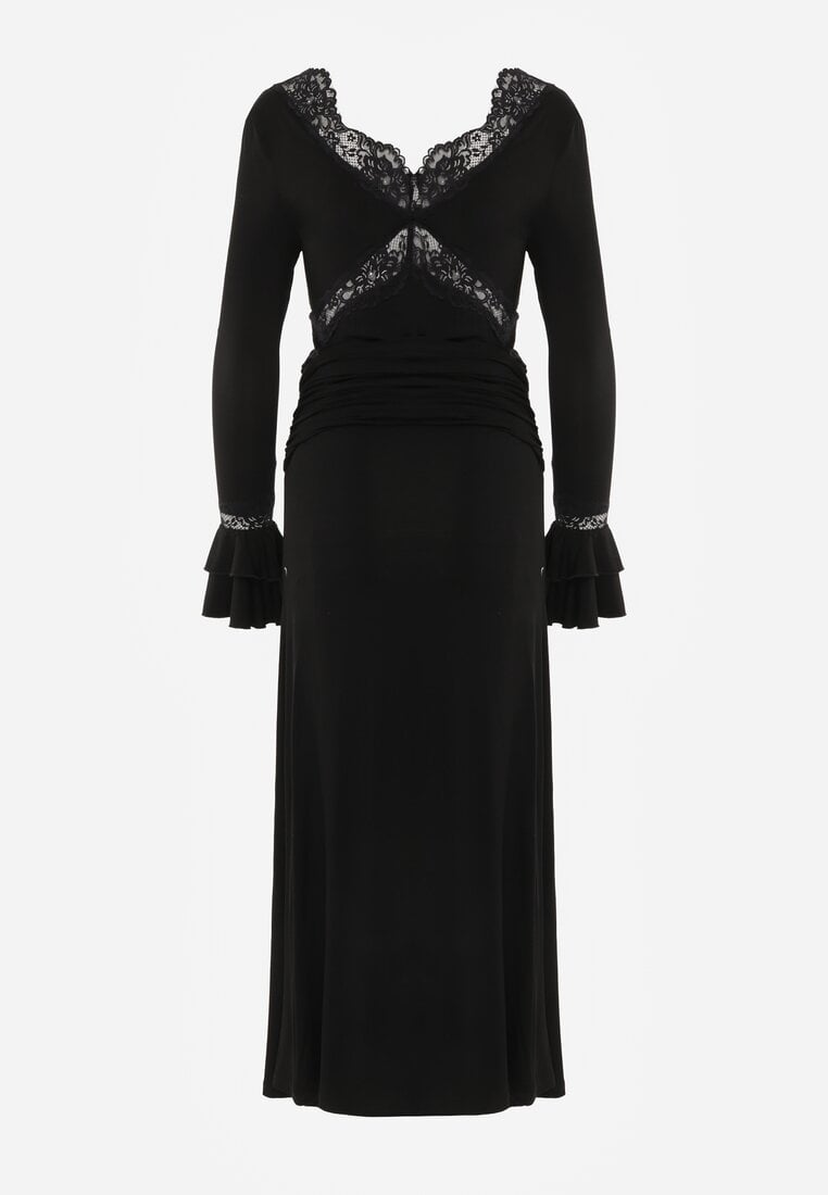 Czarna Wiskozowa Sukienka Wieczorowa z Falbanami Koronką i Wiązanym Trenem Lenivna