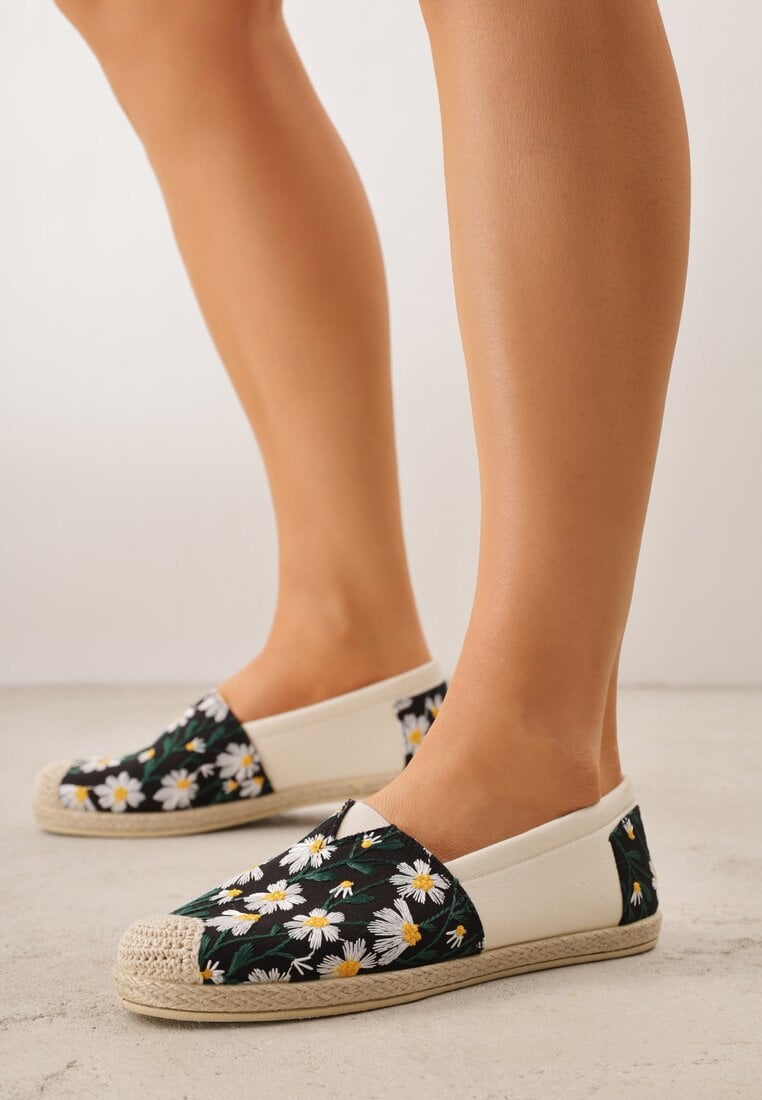 Czarne Espadryle Ozdobione Kwiatowym Haftem i Plecionką Kiranth