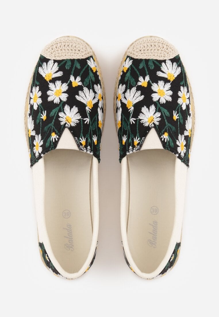 Czarne Espadryle Ozdobione Kwiatowym Haftem i Plecionką Kiranth