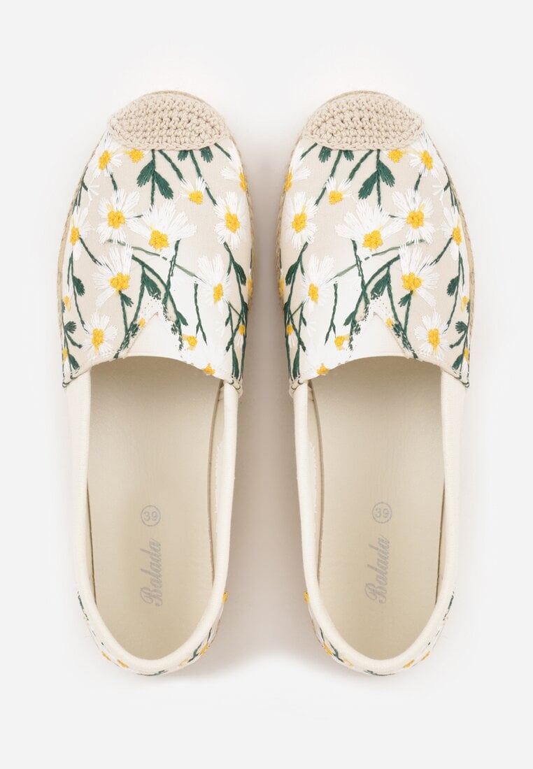 Beżowe Espadryle Ozdobione Kwiatowym Haftem i Plecionką Kiranth