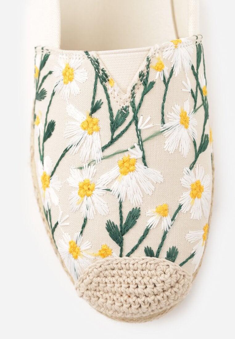 Beżowe Espadryle Ozdobione Kwiatowym Haftem i Plecionką Kiranth