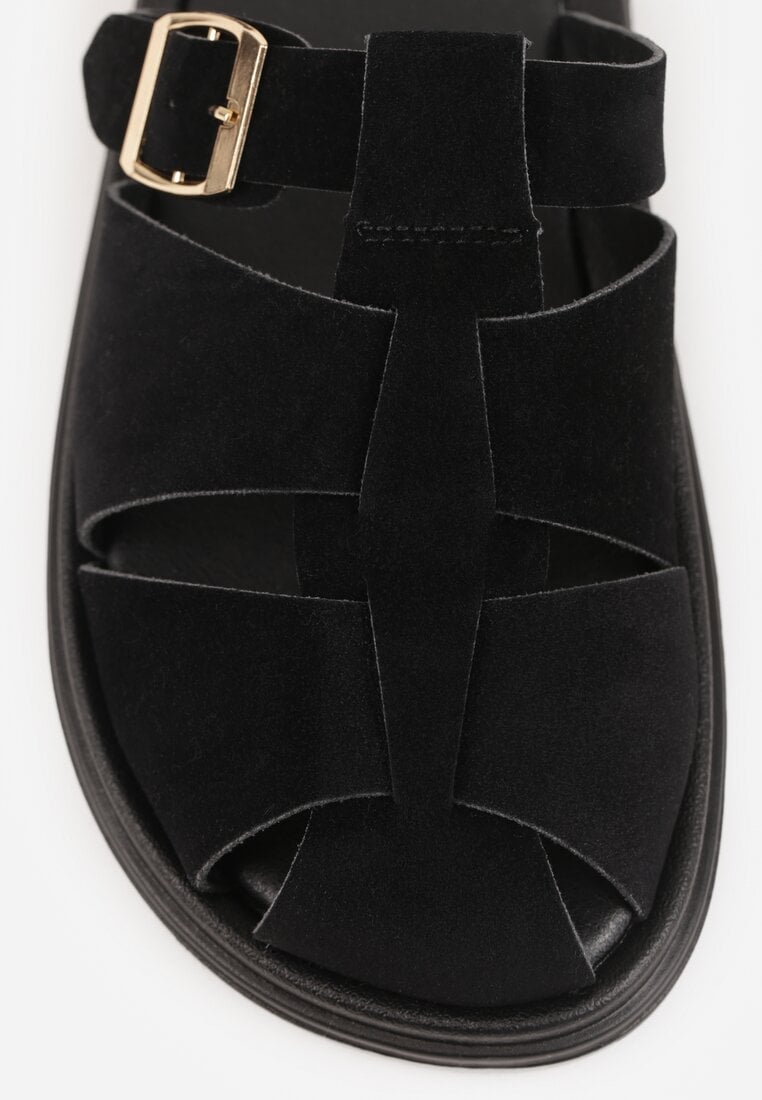 Czarne Klapki z Zakrytym Noskiem i Ozdobnymi Paskami z Klamerką Themine