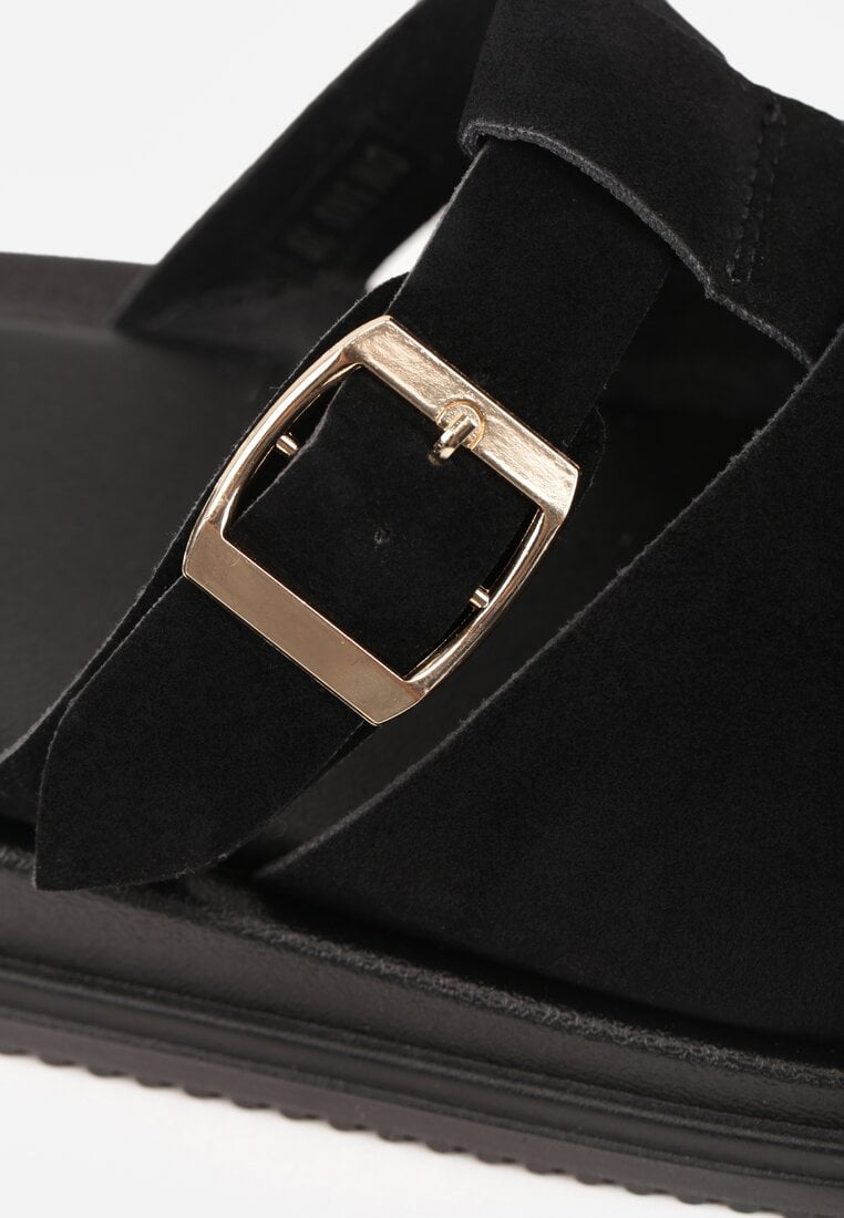 Czarne Klapki z Zakrytym Noskiem i Ozdobnymi Paskami z Klamerką Themine