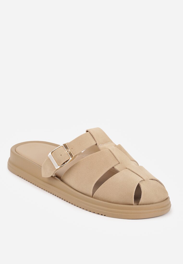 Beżowe Klapki z Zakrytym Noskiem i Ozdobnymi Paskami z Klamerką Themine