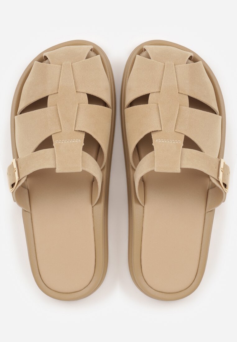 Beżowe Klapki z Zakrytym Noskiem i Ozdobnymi Paskami z Klamerką Themine