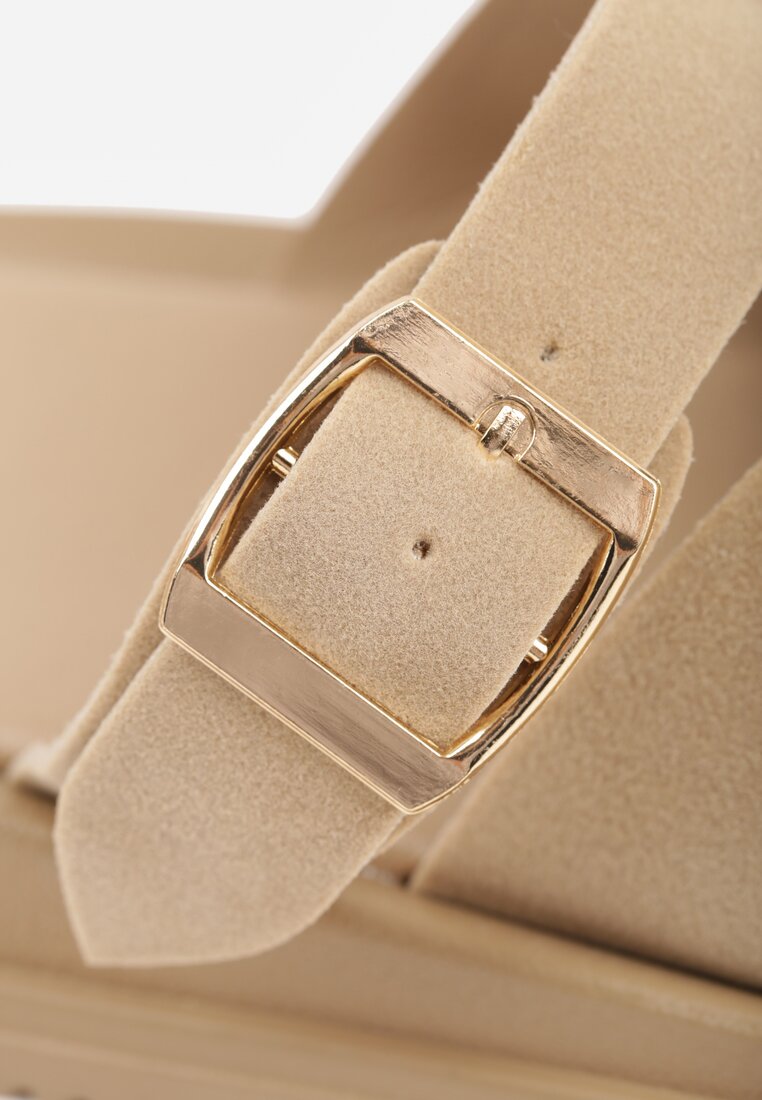 Beżowe Klapki z Zakrytym Noskiem i Ozdobnymi Paskami z Klamerką Themine