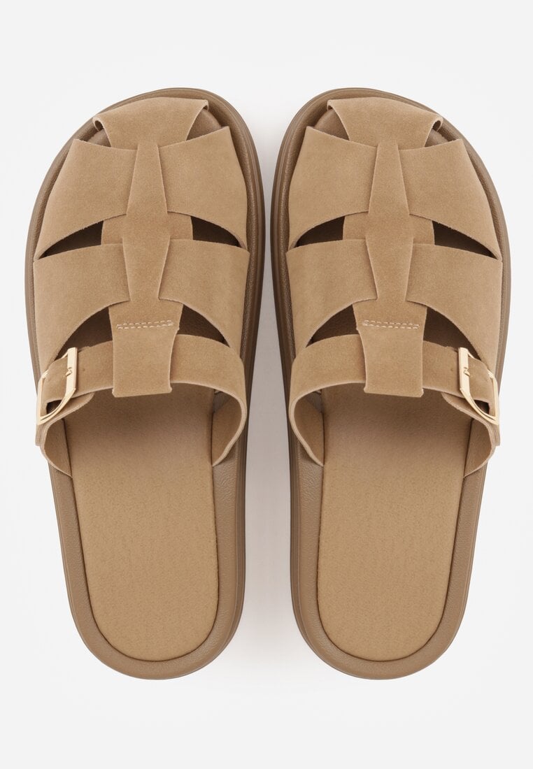 Ciemnobeżowe Klapki z Zakrytym Noskiem i Ozdobnymi Paskami z Klamerką Themine