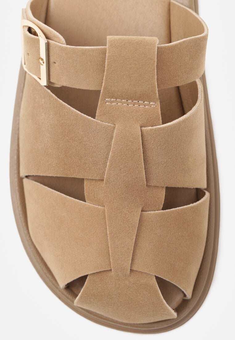 Ciemnobeżowe Klapki z Zakrytym Noskiem i Ozdobnymi Paskami z Klamerką Themine